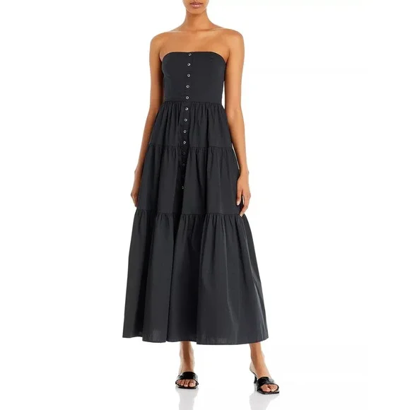 Staud Elroy Black Tiered Button Up Maxi Dress Strapless Smocked Back XS Capsule - Picture 1 of 10
